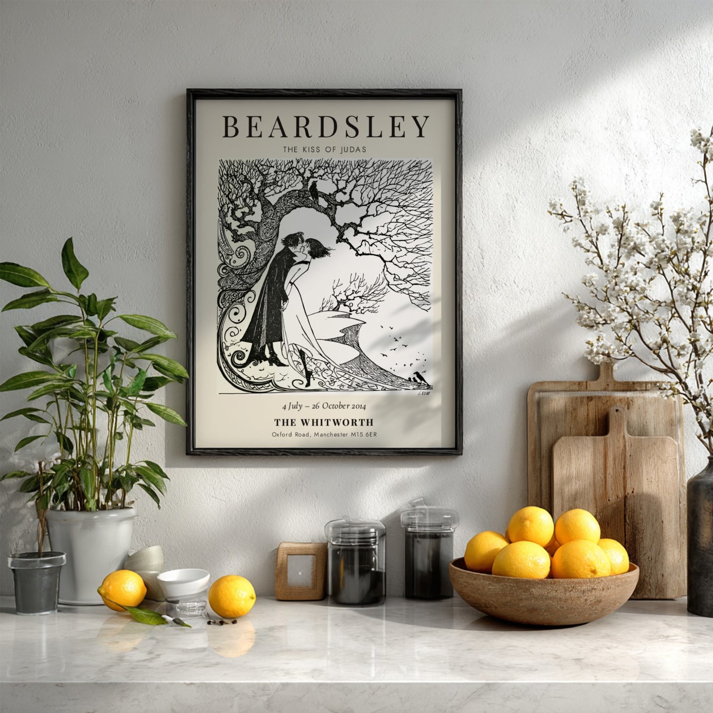 Aubrey Beardsley poster featuring The Kiss of Judas with intricate line work and a monochrome palette