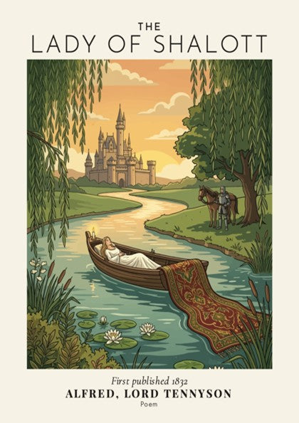 Poster of The Lady of Shalott drifting in a boat towards a distant castle.