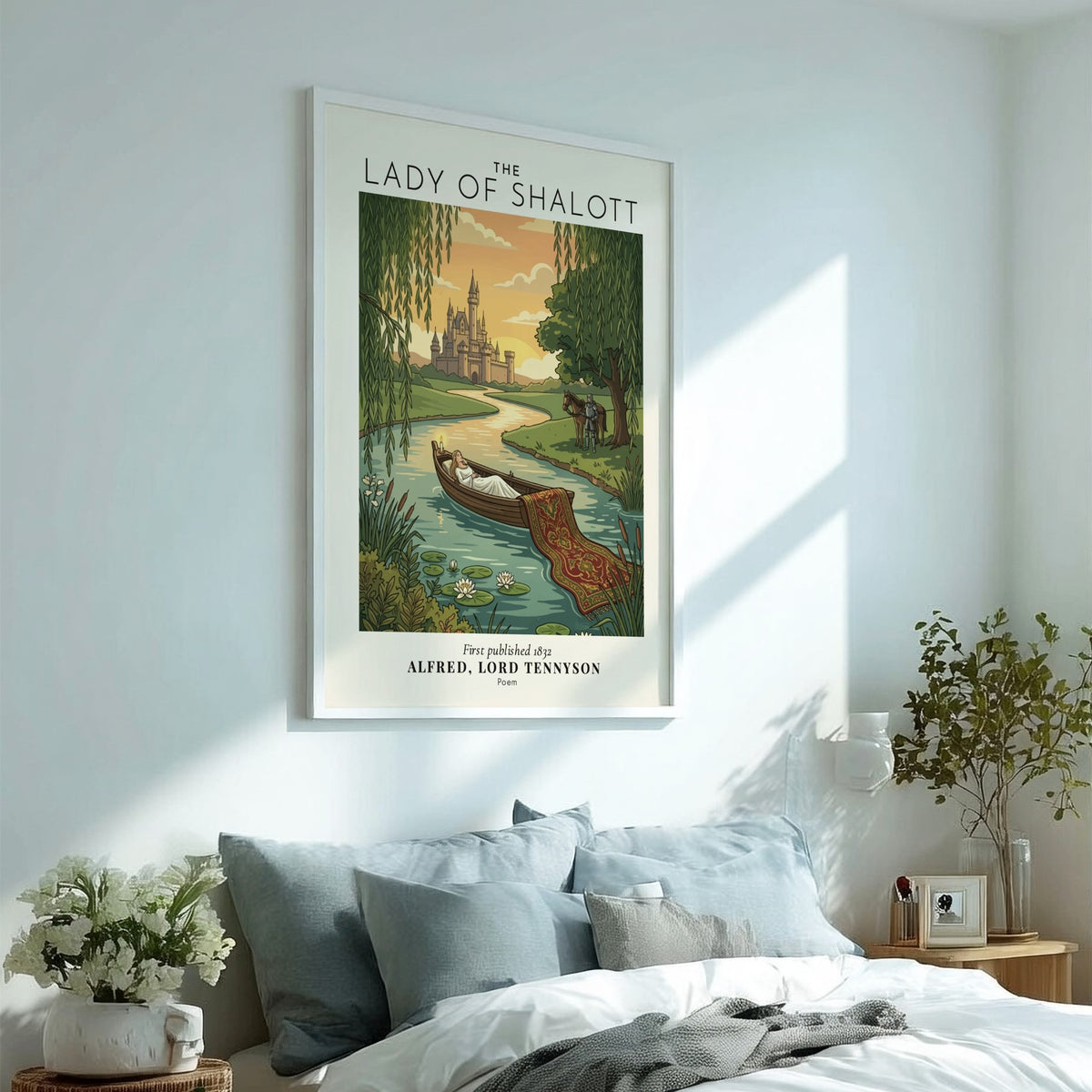 Poster of The Lady of Shalott drifting in a boat towards a distant castle.