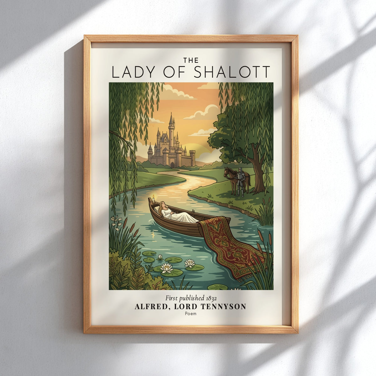 Poster of The Lady of Shalott drifting in a boat towards a distant castle.