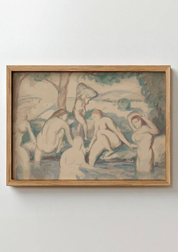 Color lithograph print of Auguste Clot's "The Large Bathers" depicting nude women bathing, in a soft