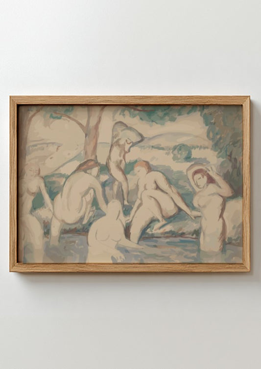 Color lithograph print of Auguste Clot's "The Large Bathers" depicting nude women bathing, in a soft