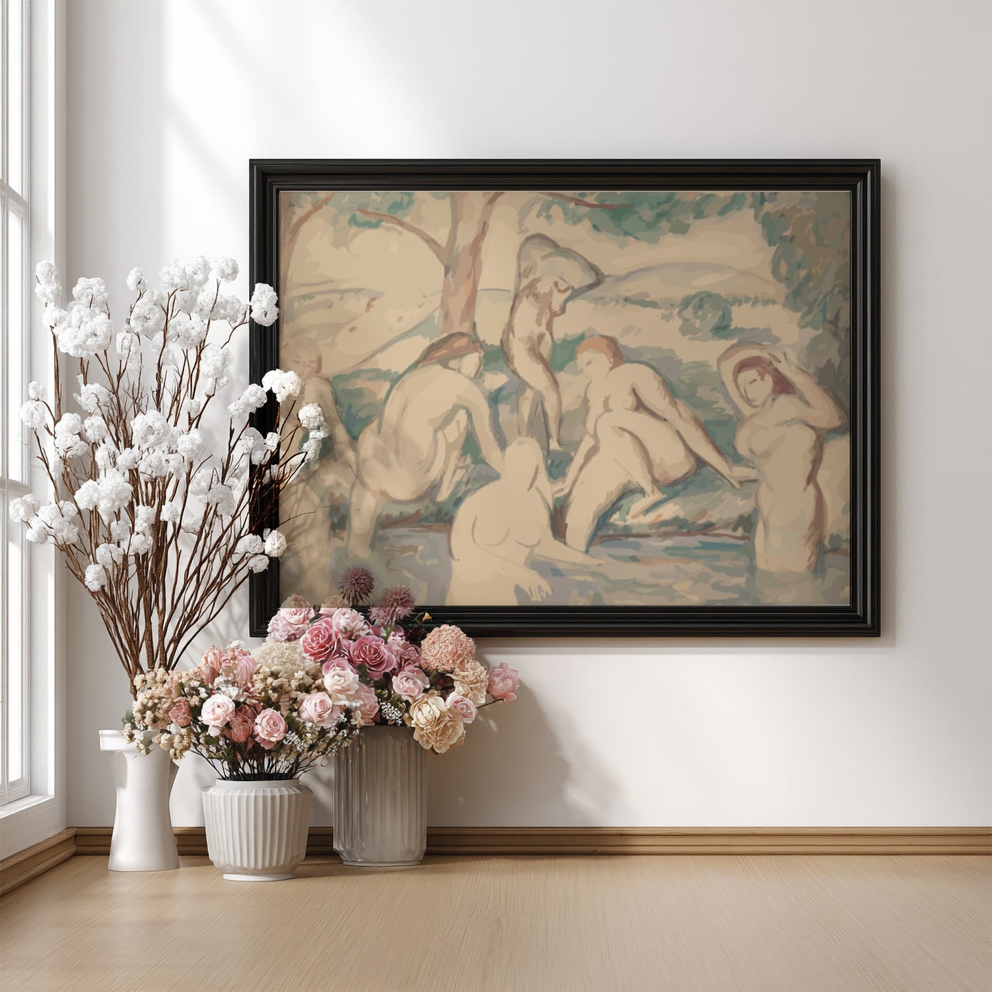 Color lithograph print of Auguste Clot's "The Large Bathers" depicting nude women bathing, in a soft