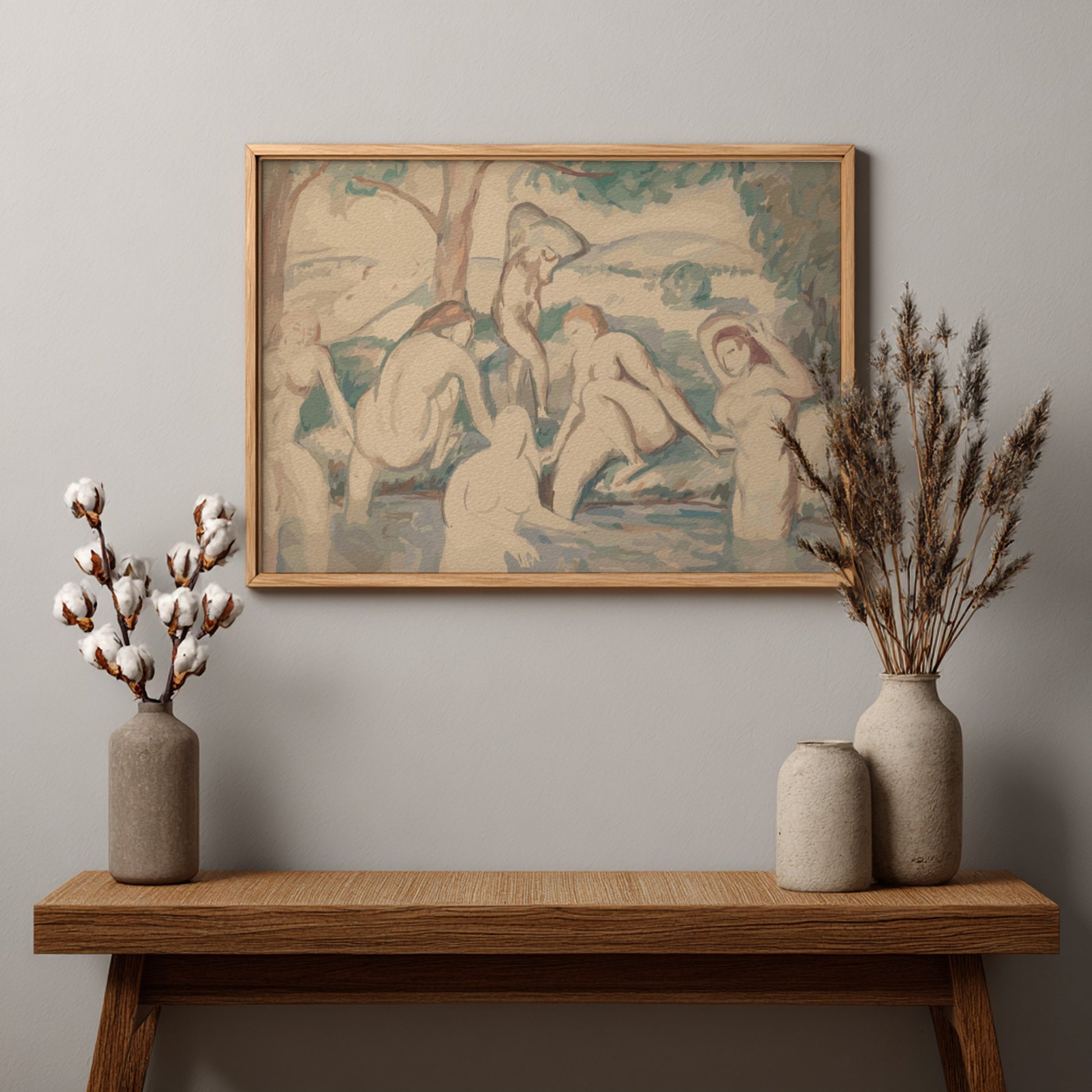 Color lithograph print of Auguste Clot's "The Large Bathers" depicting nude women bathing, in a soft