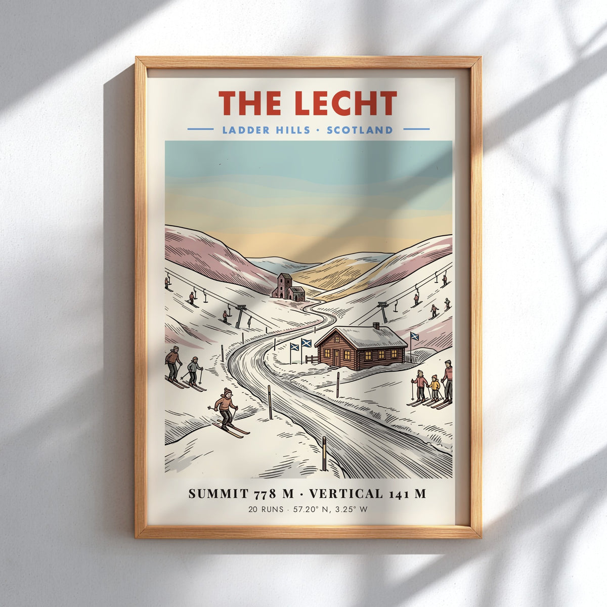 Poster of The Lecht in the Ladder Hills, Scotland, featuring skiers and lifts.