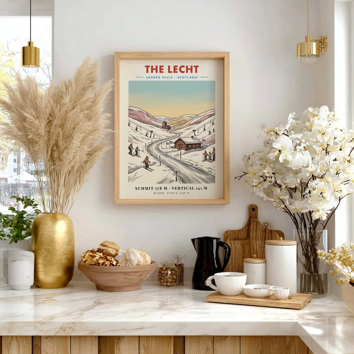 Poster of The Lecht in the Ladder Hills, Scotland, featuring skiers and lifts.