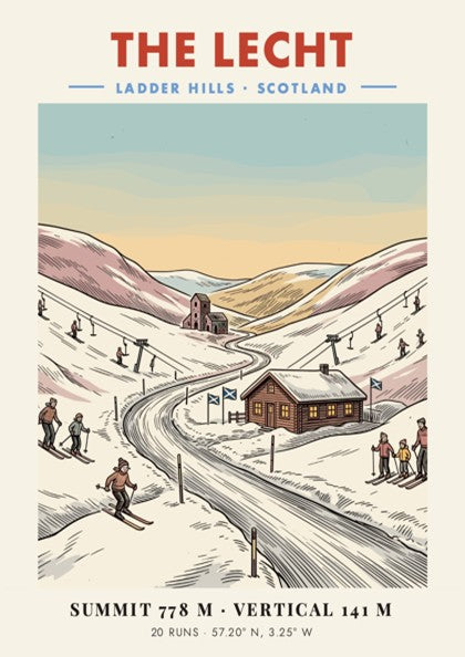 Poster of The Lecht in the Ladder Hills, Scotland, featuring skiers and lifts.