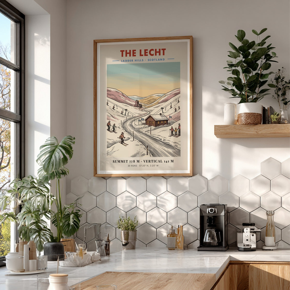Poster of The Lecht in the Ladder Hills, Scotland, featuring skiers and lifts.