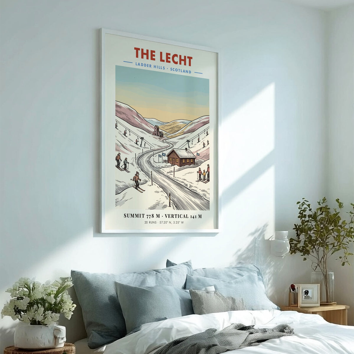 Poster of The Lecht in the Ladder Hills, Scotland, featuring skiers and lifts.