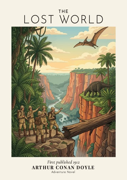 Poster displaying explorers observing a prehistoric canyon scene from Arthur Conan Doyle Lost World