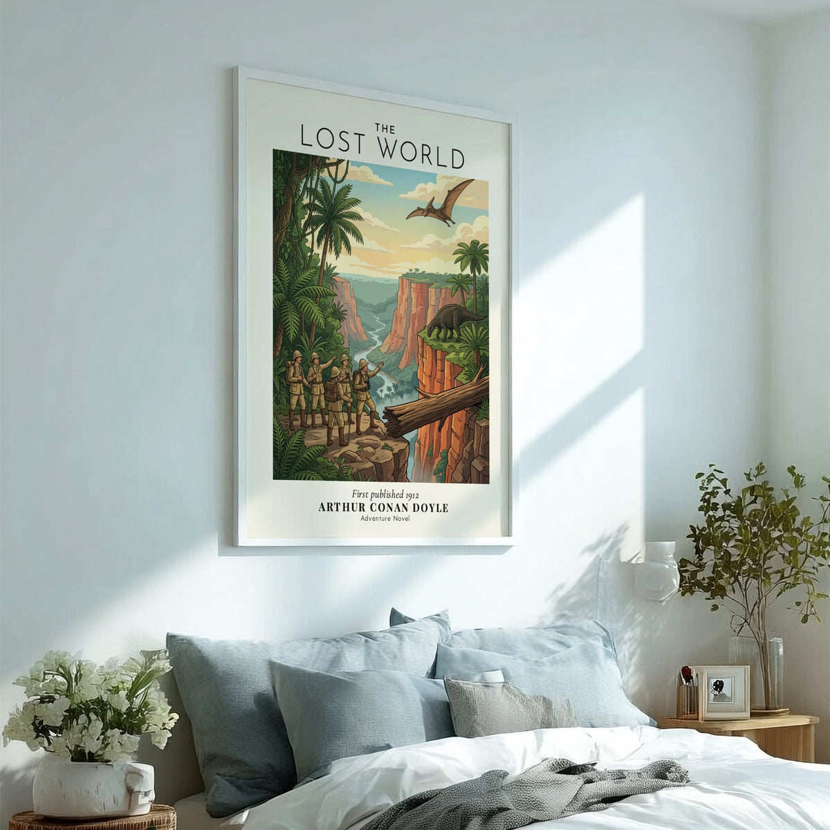 Poster displaying explorers observing a prehistoric canyon scene from Arthur Conan Doyle Lost World