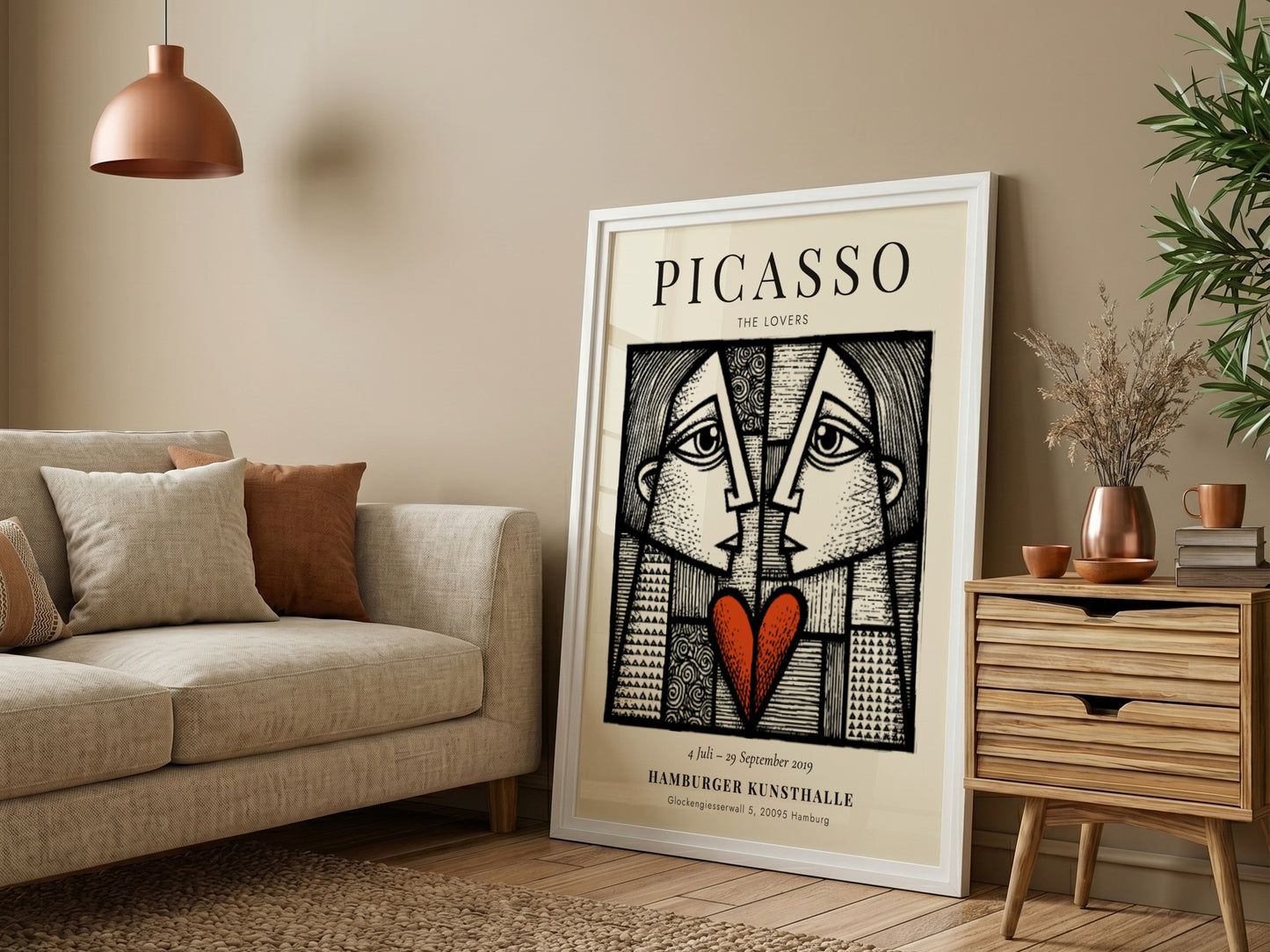 Picasso inspired poster featuring The Lovers in abstract style with bold lines and a red heart.