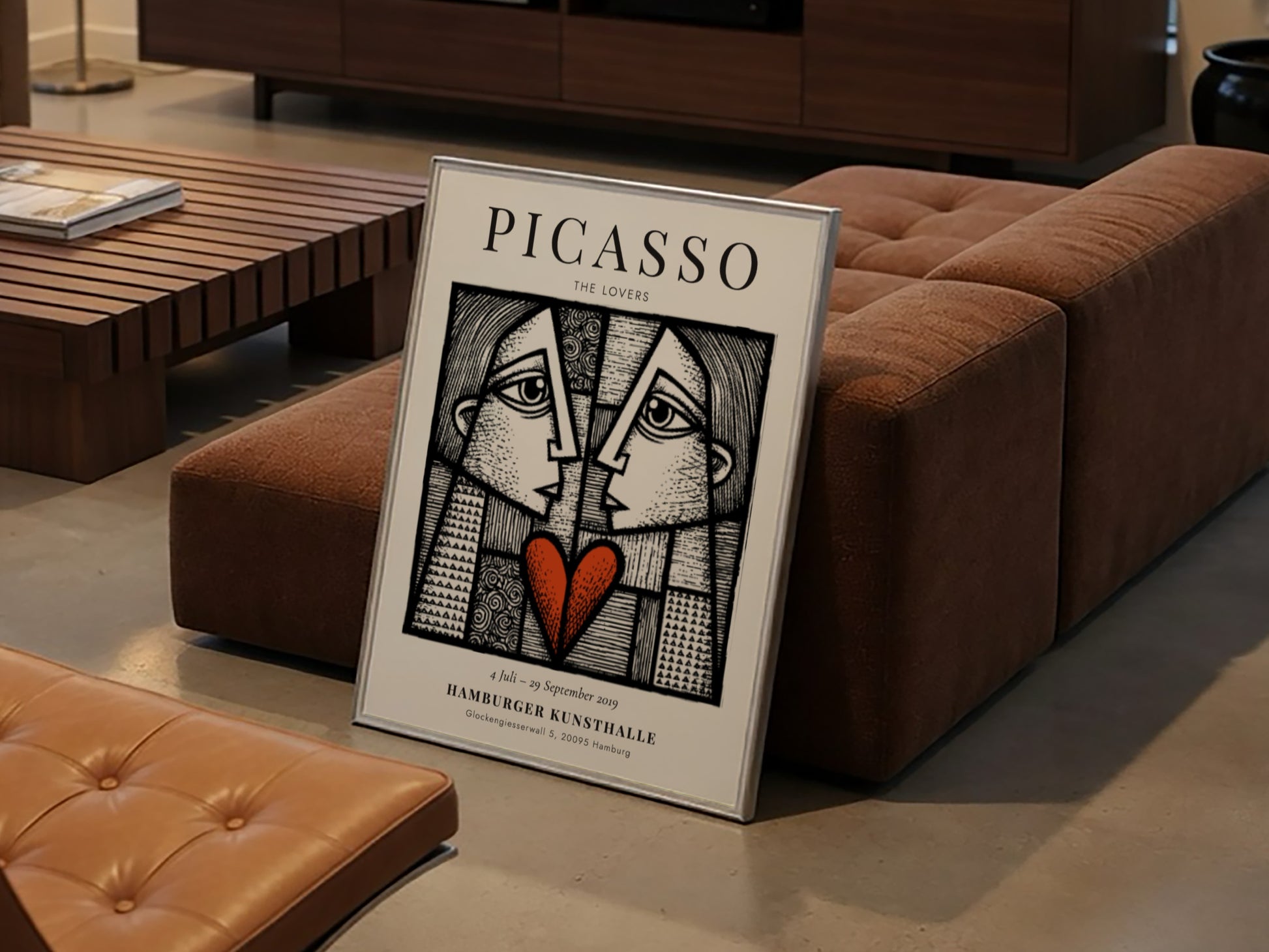 Picasso inspired poster featuring The Lovers in abstract style with bold lines and a red heart.