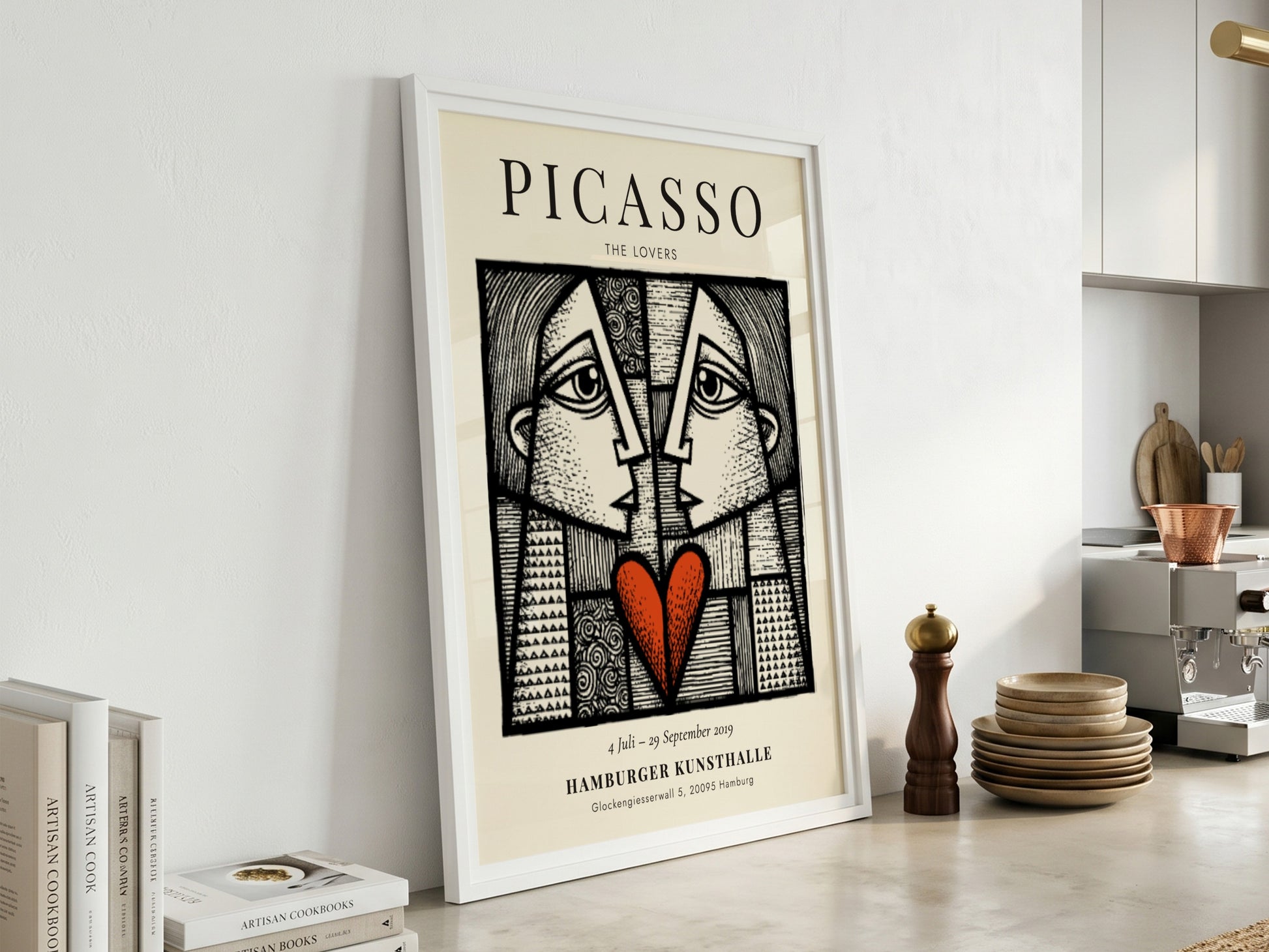 Picasso inspired poster featuring The Lovers in abstract style with bold lines and a red heart.