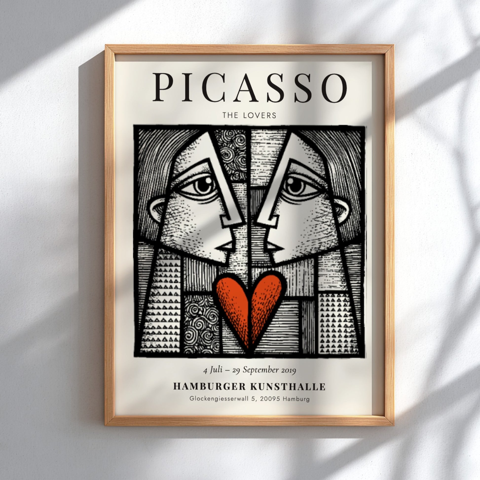 Picasso inspired poster featuring The Lovers in abstract style with bold lines and a red heart.