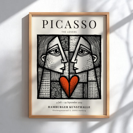Picasso inspired poster featuring The Lovers in abstract style with bold lines and a red heart.