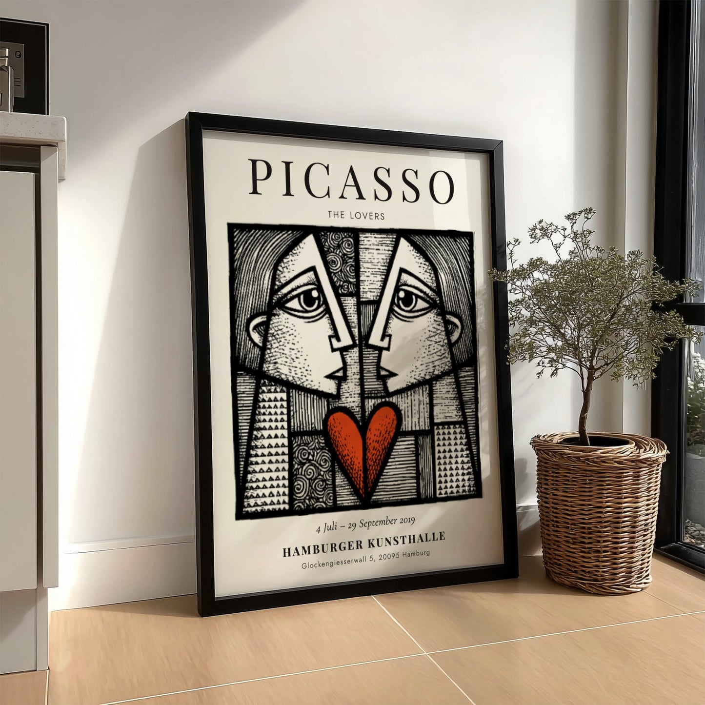 Picasso inspired poster featuring The Lovers in abstract style with bold lines and a red heart.