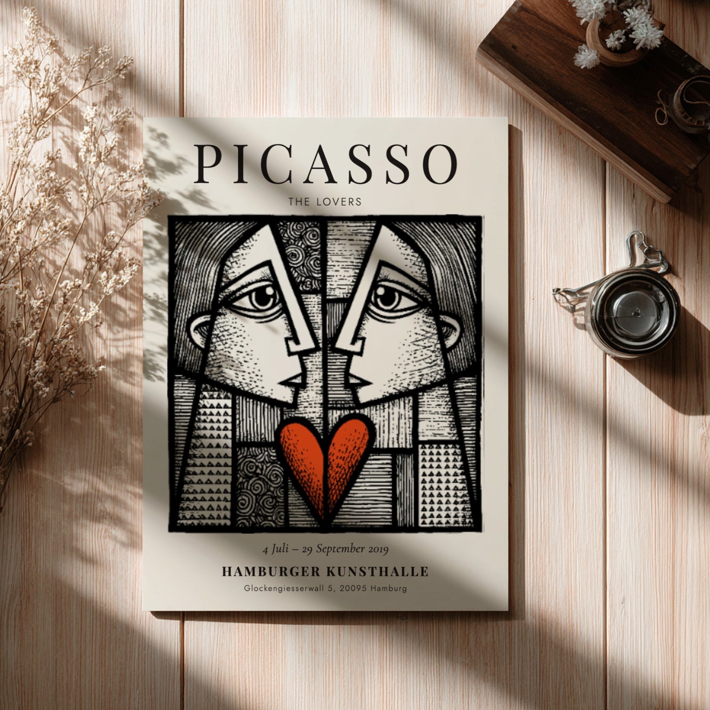 Picasso inspired poster featuring The Lovers in abstract style with bold lines and a red heart.