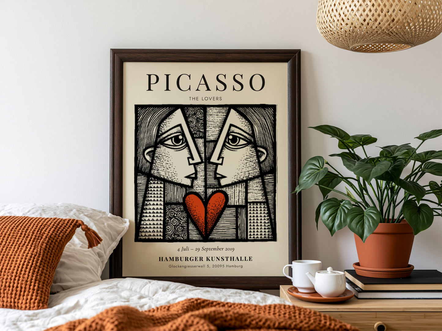 Picasso inspired poster featuring The Lovers in abstract style with bold lines and a red heart.