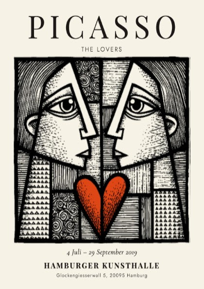 Picasso inspired poster featuring The Lovers in abstract style with bold lines and a red heart.