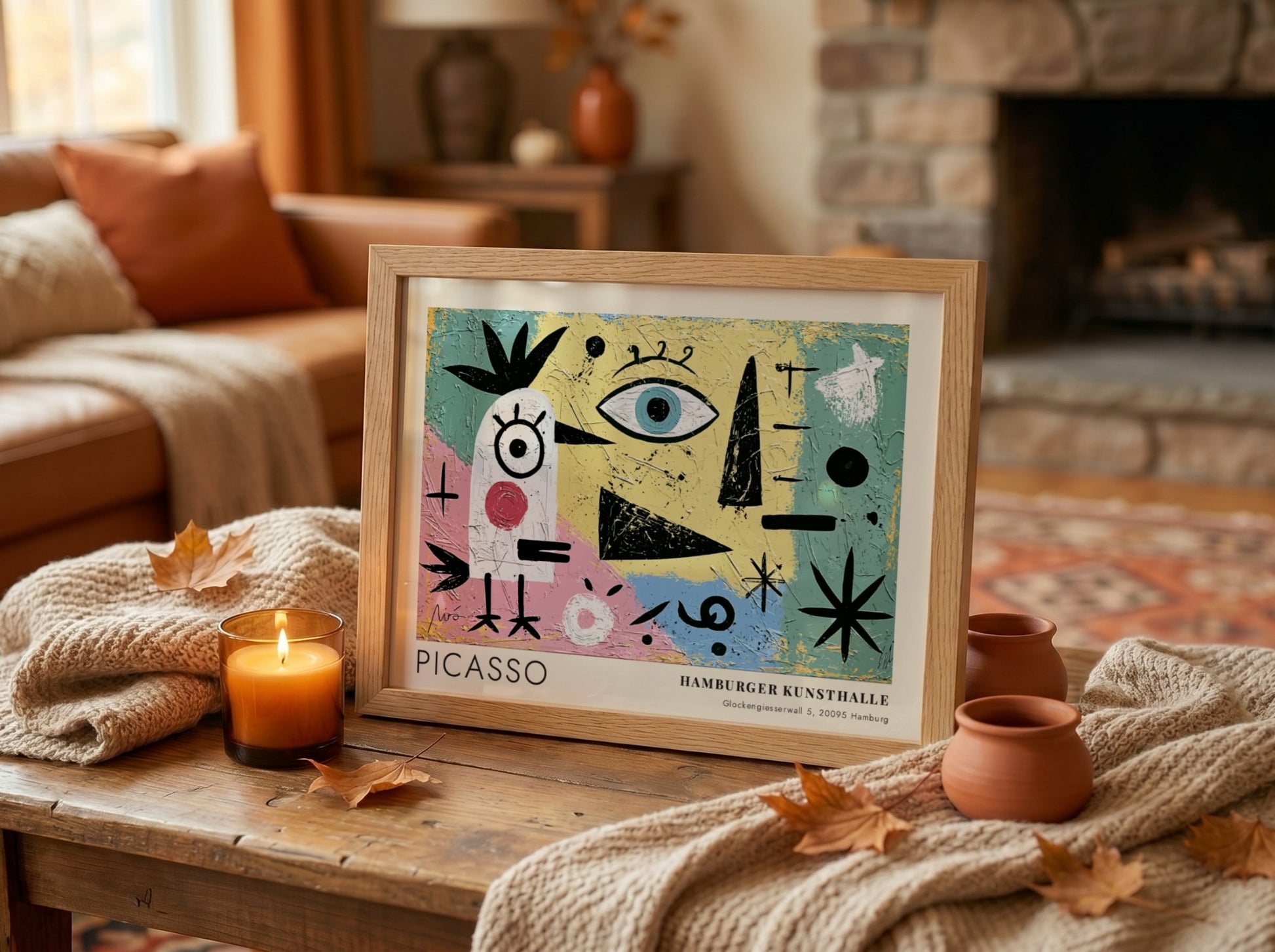 Wall art print featuring The Lovers by Pablo Picasso in vibrant colors and abstract shapes.