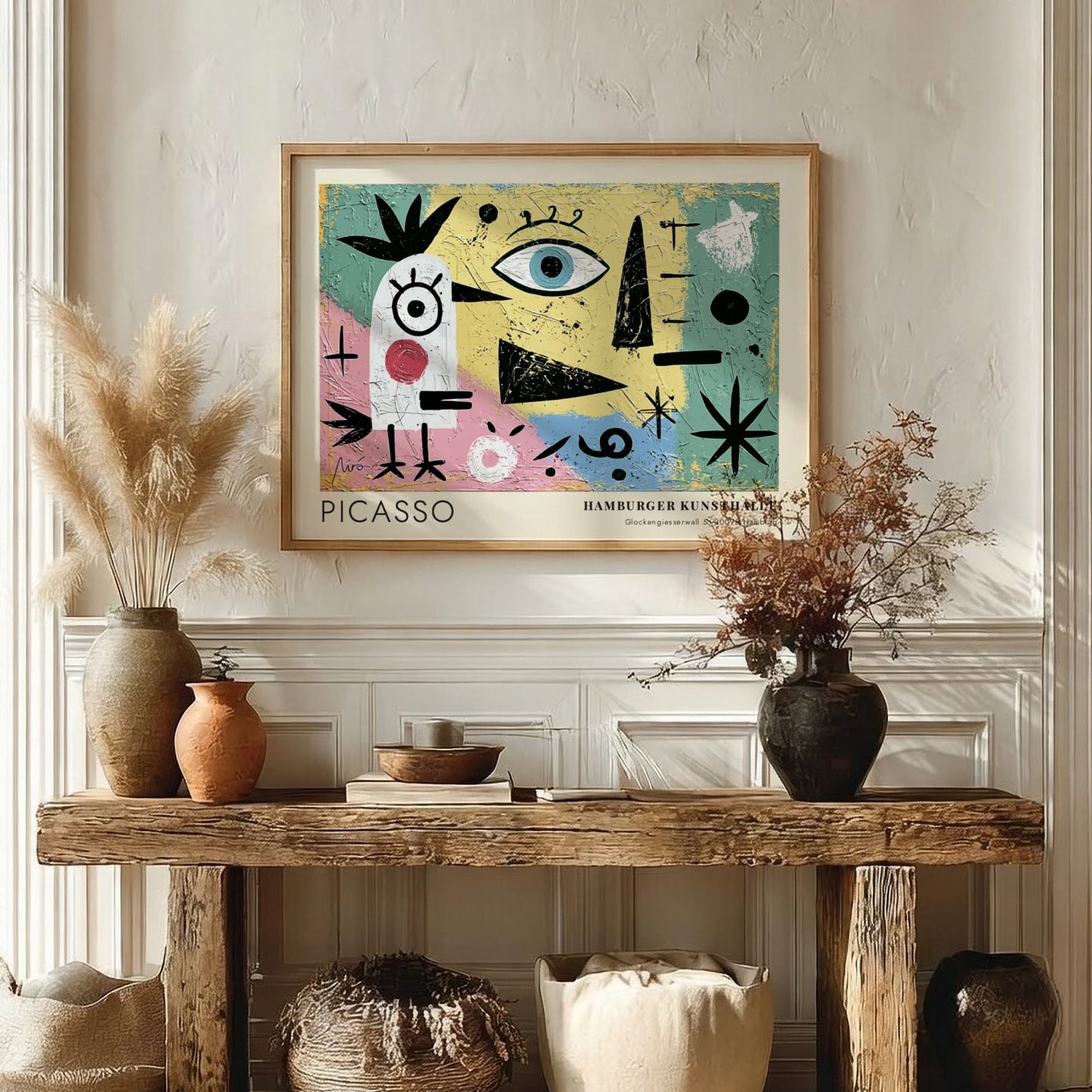 Wall art print featuring The Lovers by Pablo Picasso in vibrant colors and abstract shapes.