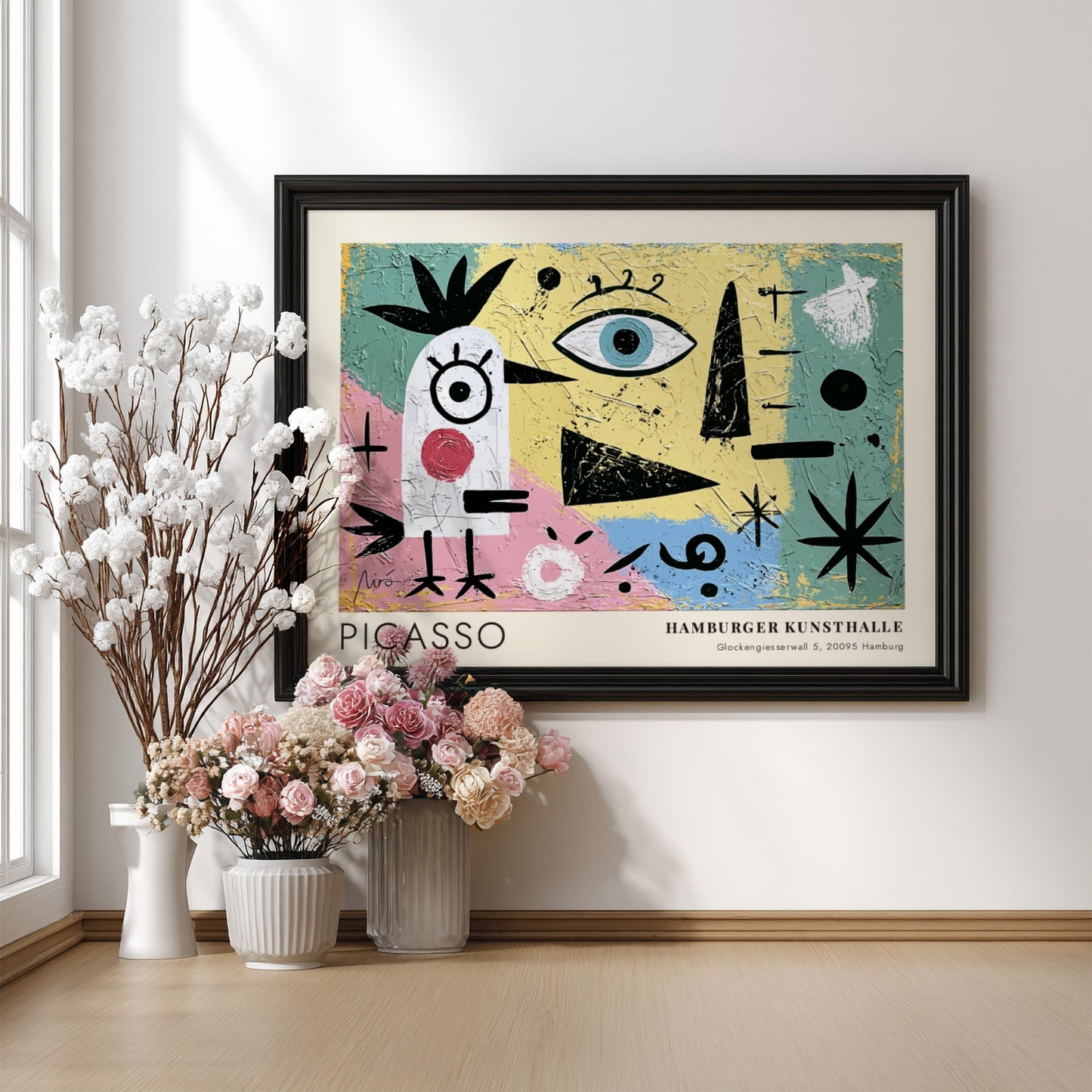 Wall art print featuring The Lovers by Pablo Picasso in vibrant colors and abstract shapes.