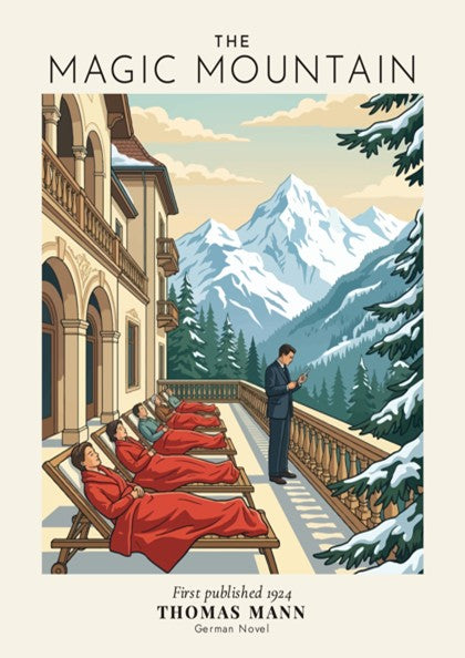 Poster of The Magic Mountain featuring figures in red blankets on a snowy balcony