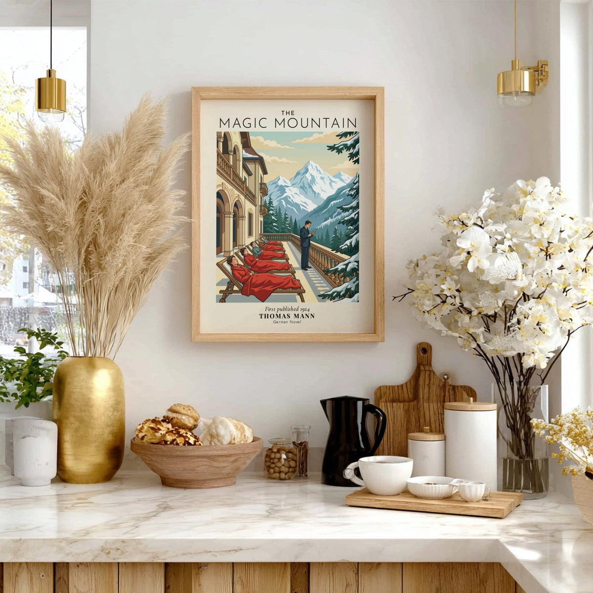 Poster of The Magic Mountain featuring figures in red blankets on a snowy balcony