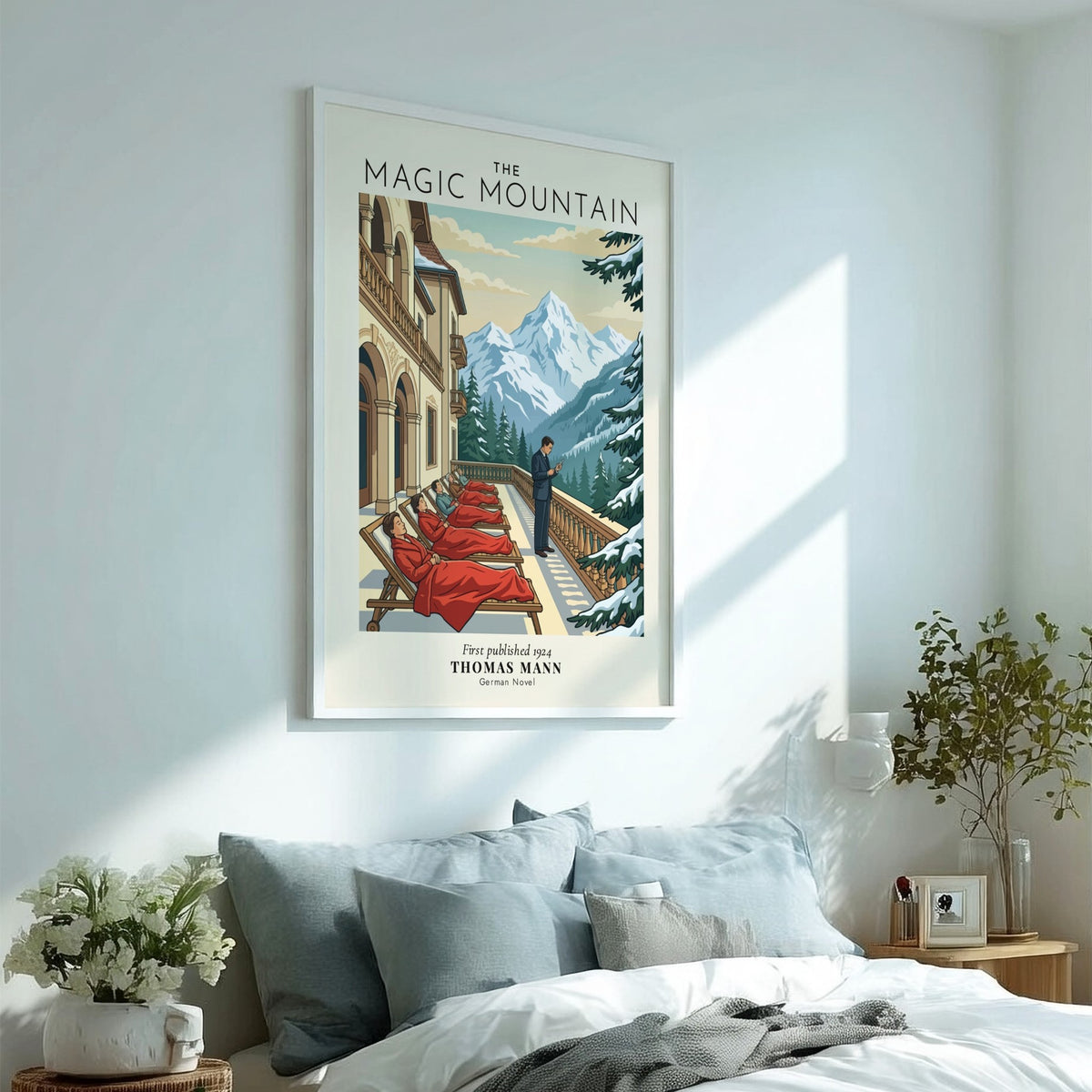 Poster of The Magic Mountain featuring figures in red blankets on a snowy balcony