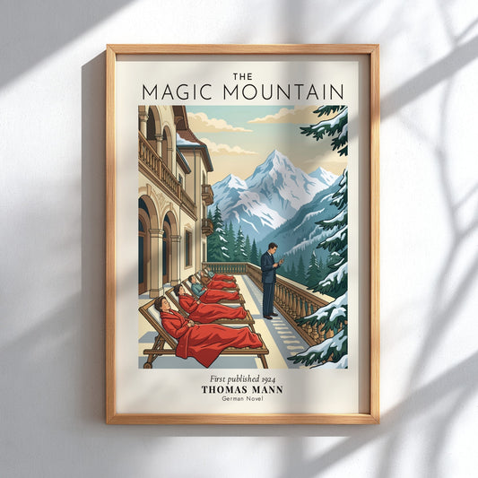 Poster of The Magic Mountain featuring figures in red blankets on a snowy balcony