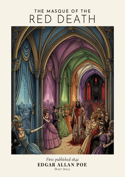 Poster of The Masque of the Red Death featuring a masked ball with Edgar Allan Poe.