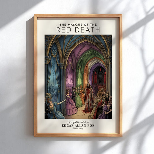 Poster of The Masque of the Red Death featuring a masked ball with Edgar Allan Poe.