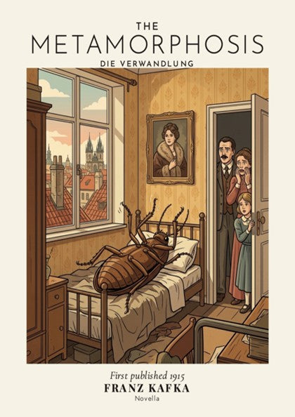 Poster featuring Franz Kafka's The Metamorphosis with a giant insect on a bed.