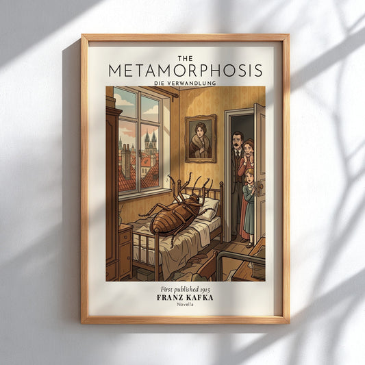 Poster featuring Franz Kafka's The Metamorphosis with a giant insect on a bed.