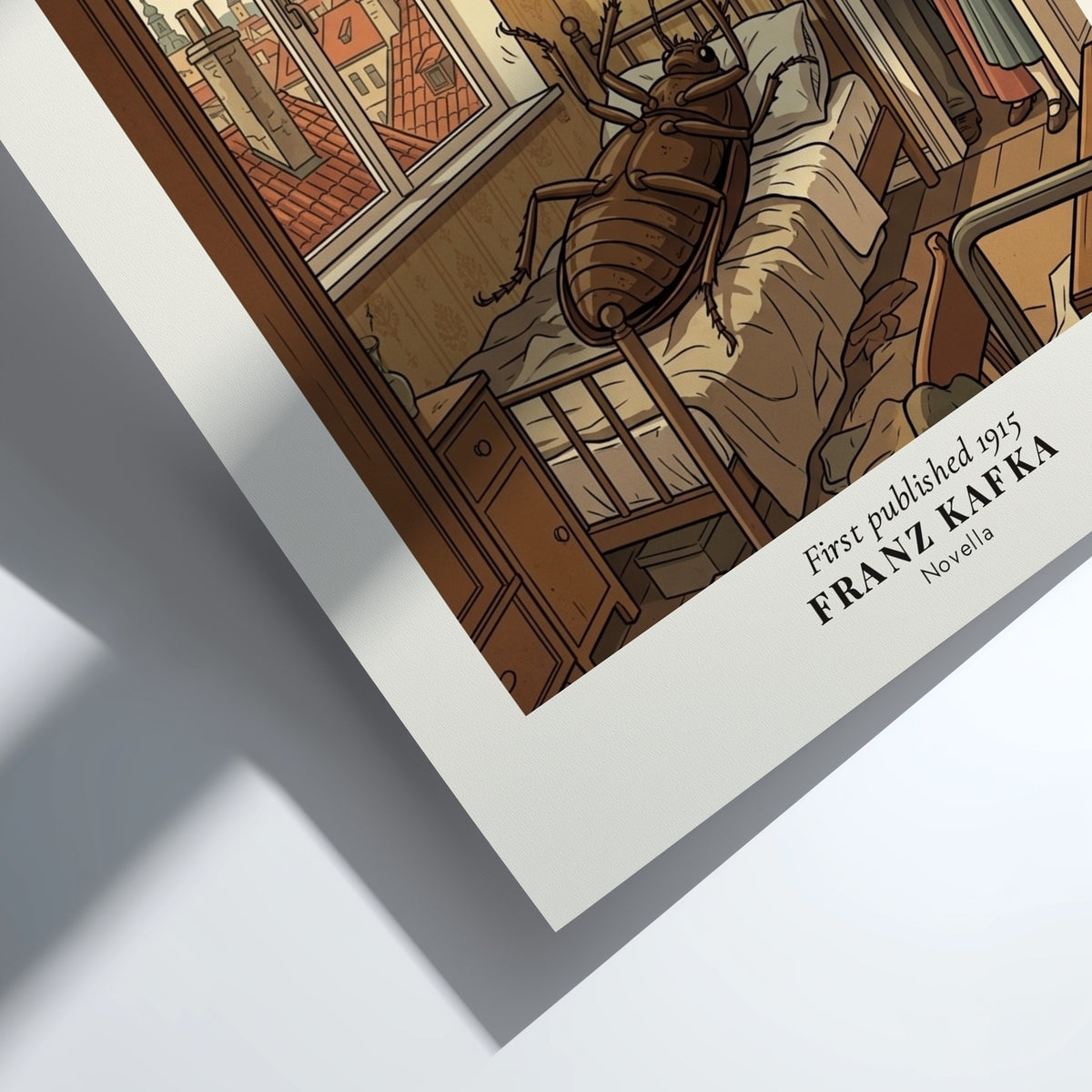 Poster featuring Franz Kafka's The Metamorphosis with a giant insect on a bed.