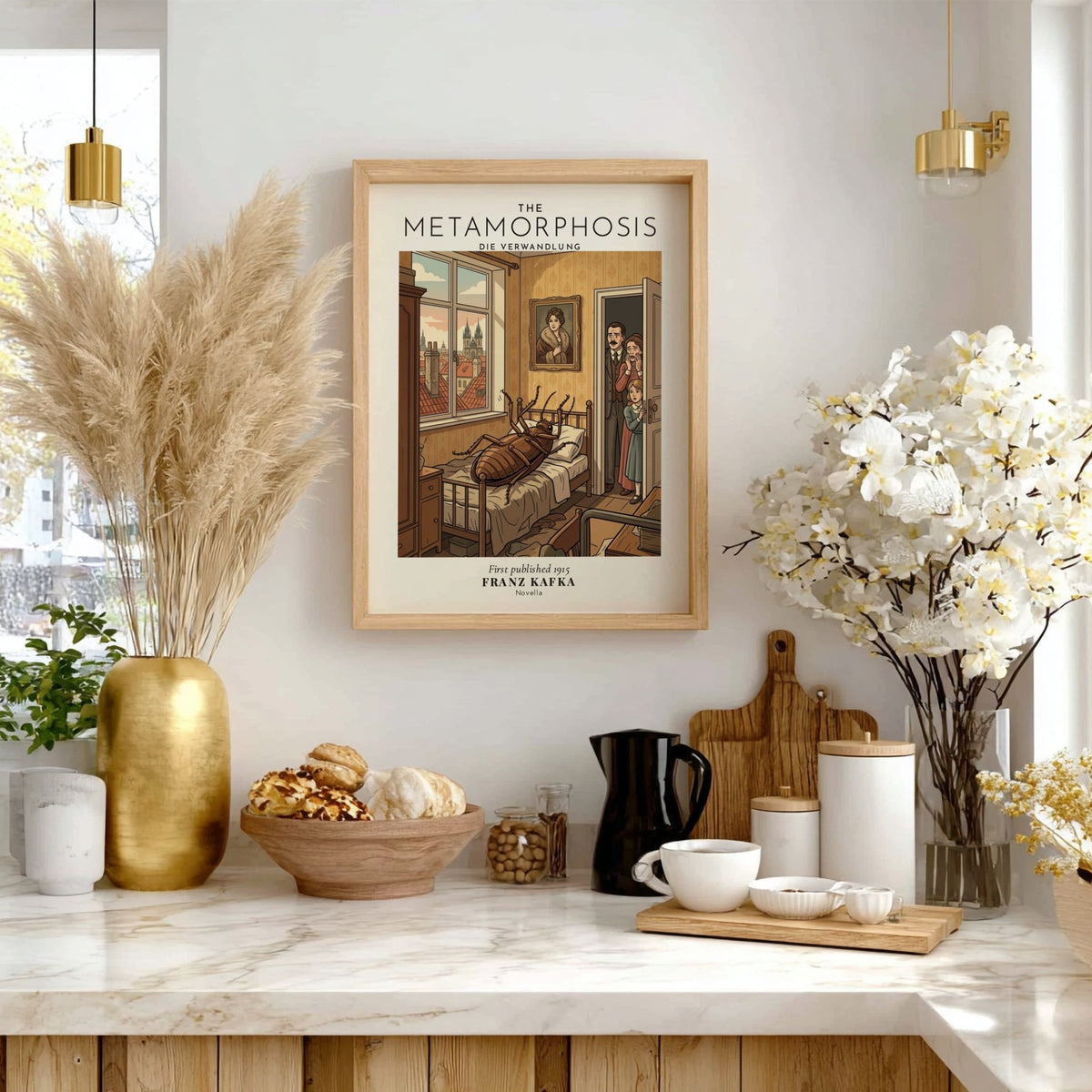 Poster featuring Franz Kafka's The Metamorphosis with a giant insect on a bed.