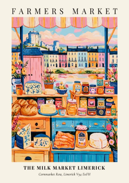 Farmers market poster featuring colorful produce and local goods in Limerick