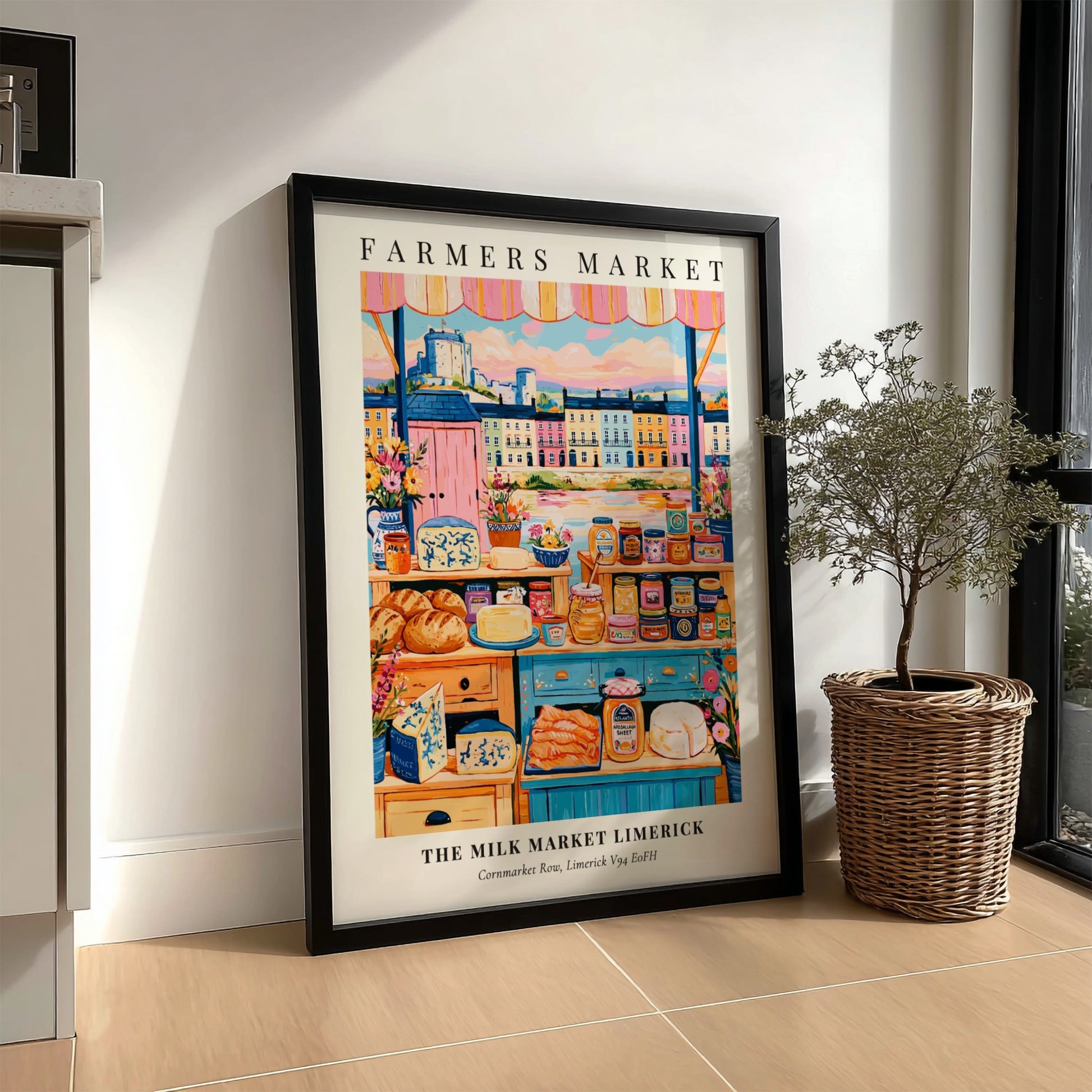 Farmers market poster featuring colorful produce and local goods in Limerick