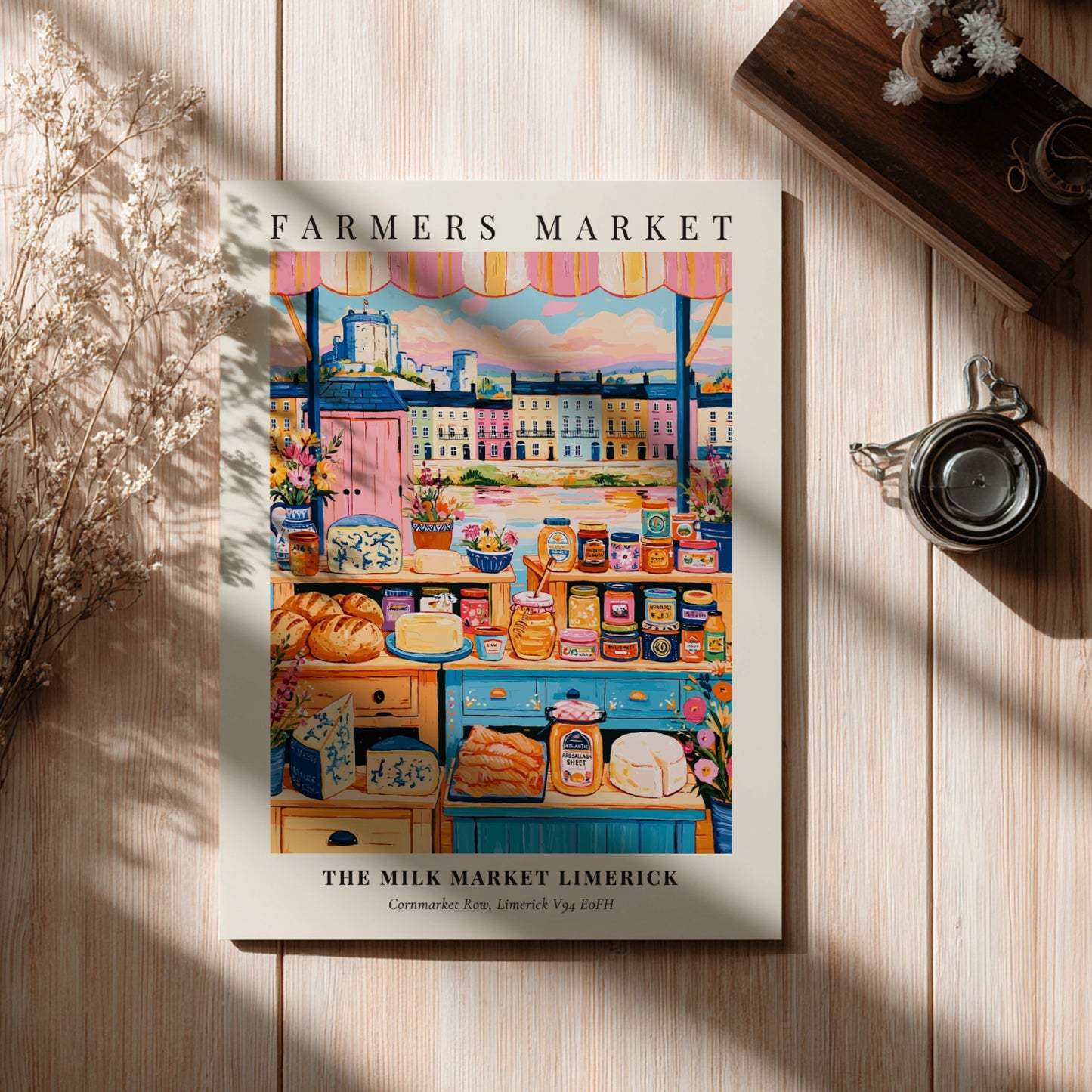 Farmers market poster featuring colorful produce and local goods in Limerick