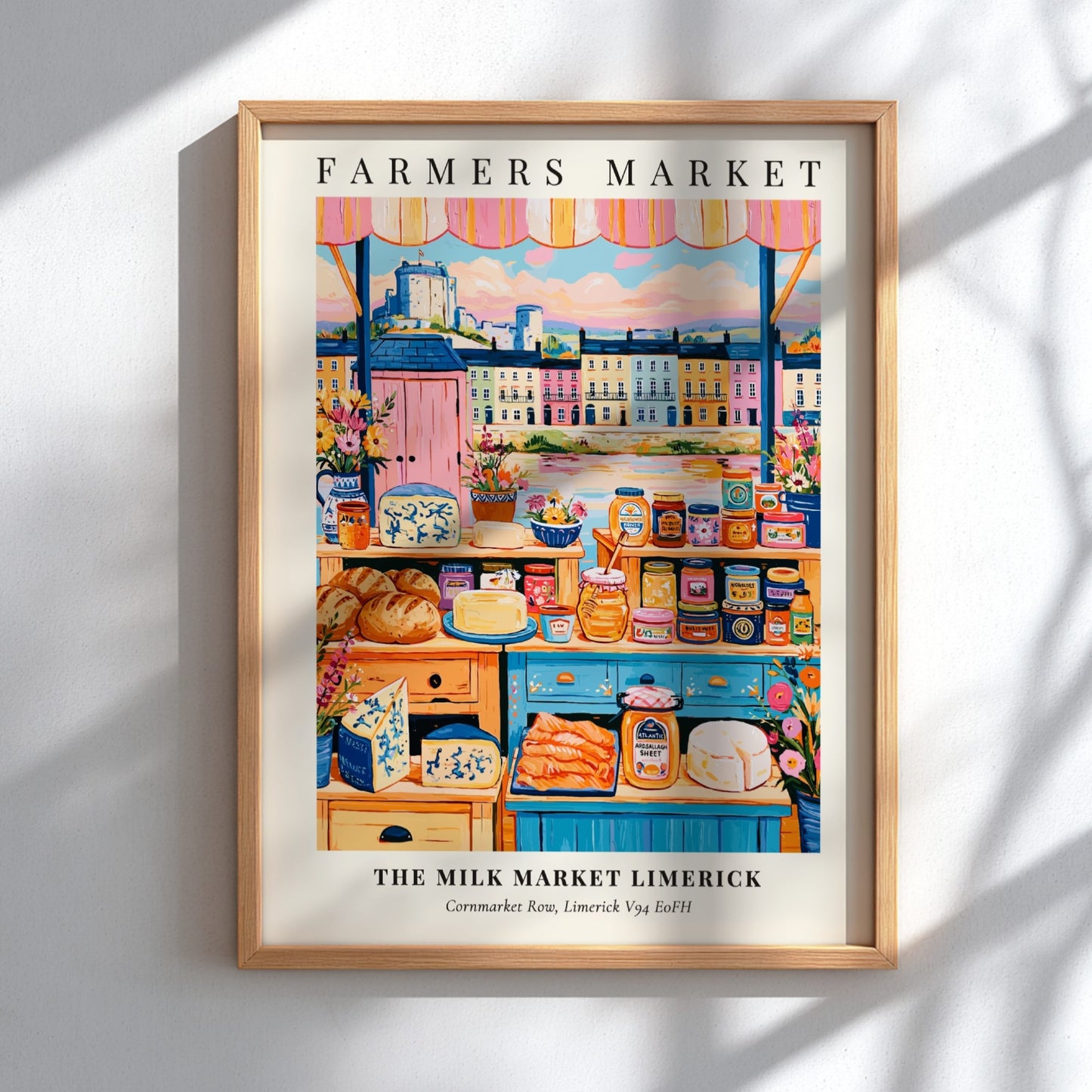 Farmers market poster featuring colorful produce and local goods in Limerick