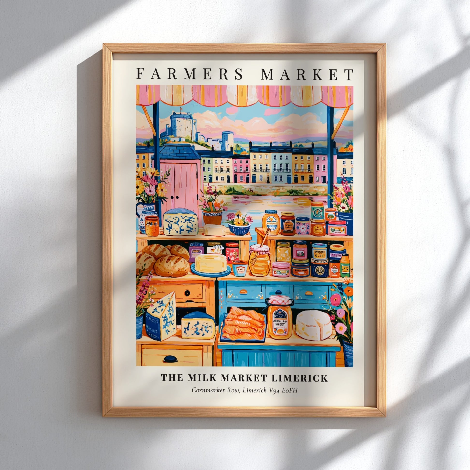 Farmers market poster featuring colorful produce and local goods in Limerick