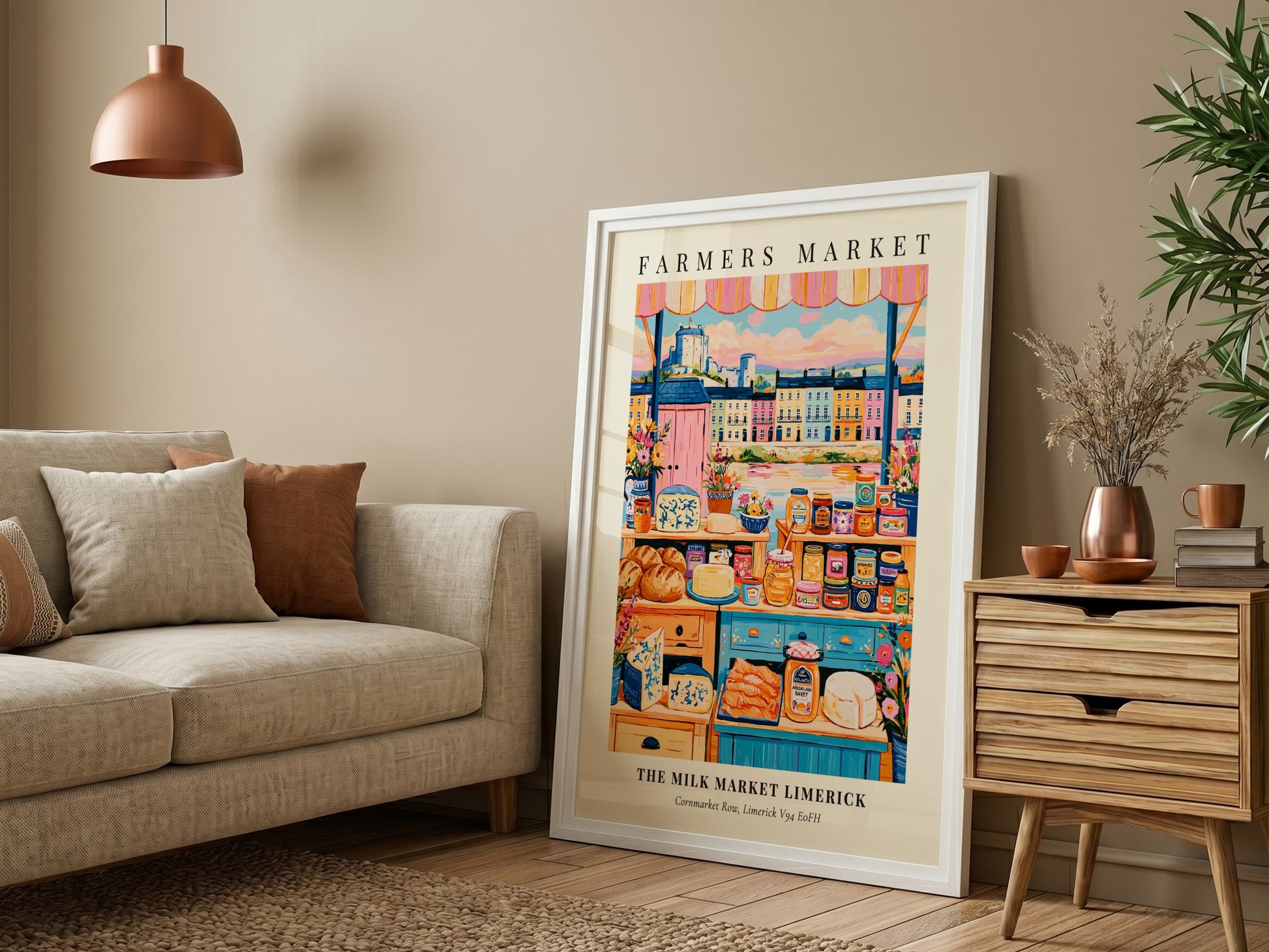Farmers market poster featuring colorful produce and local goods in Limerick