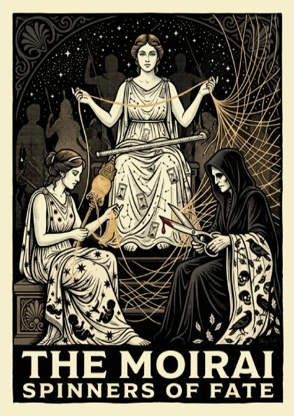 The Moirai poster depicting the three Fates spinning, measuring, and cutting the thread of life in a dramatic