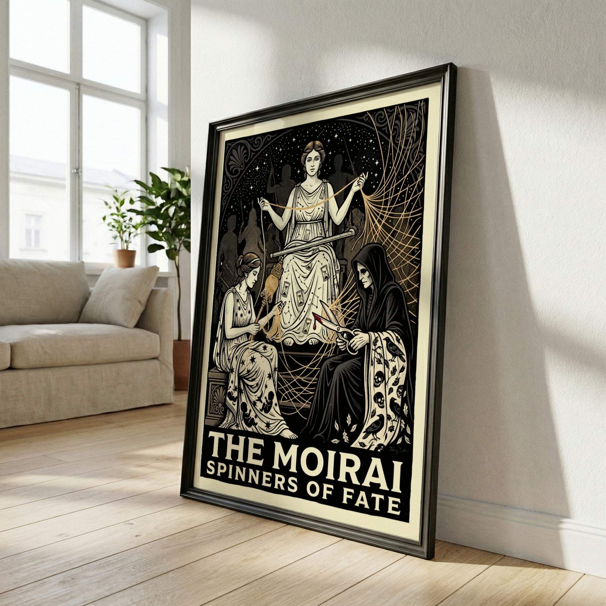 The Moirai poster depicting the three Fates spinning, measuring, and cutting the thread of life in a dramatic