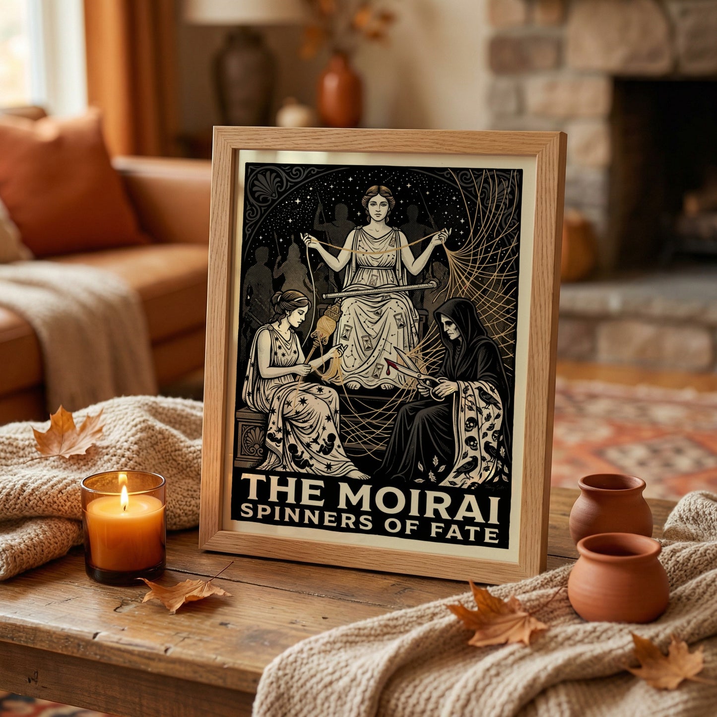 The Moirai poster depicting the three Fates spinning, measuring, and cutting the thread of life in a dramatic