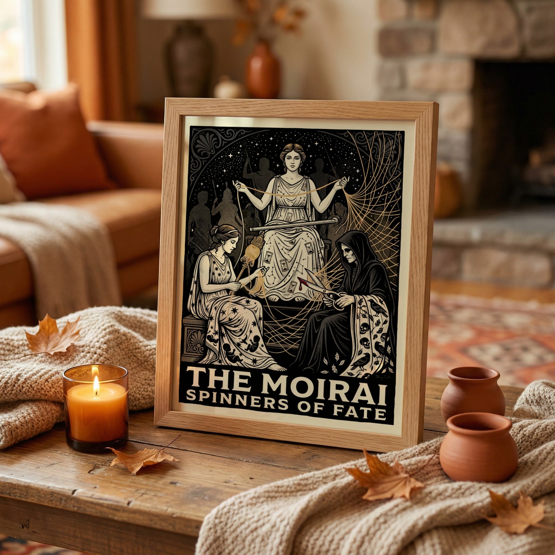 The Moirai poster depicting the three Fates spinning, measuring, and cutting the thread of life in a dramatic