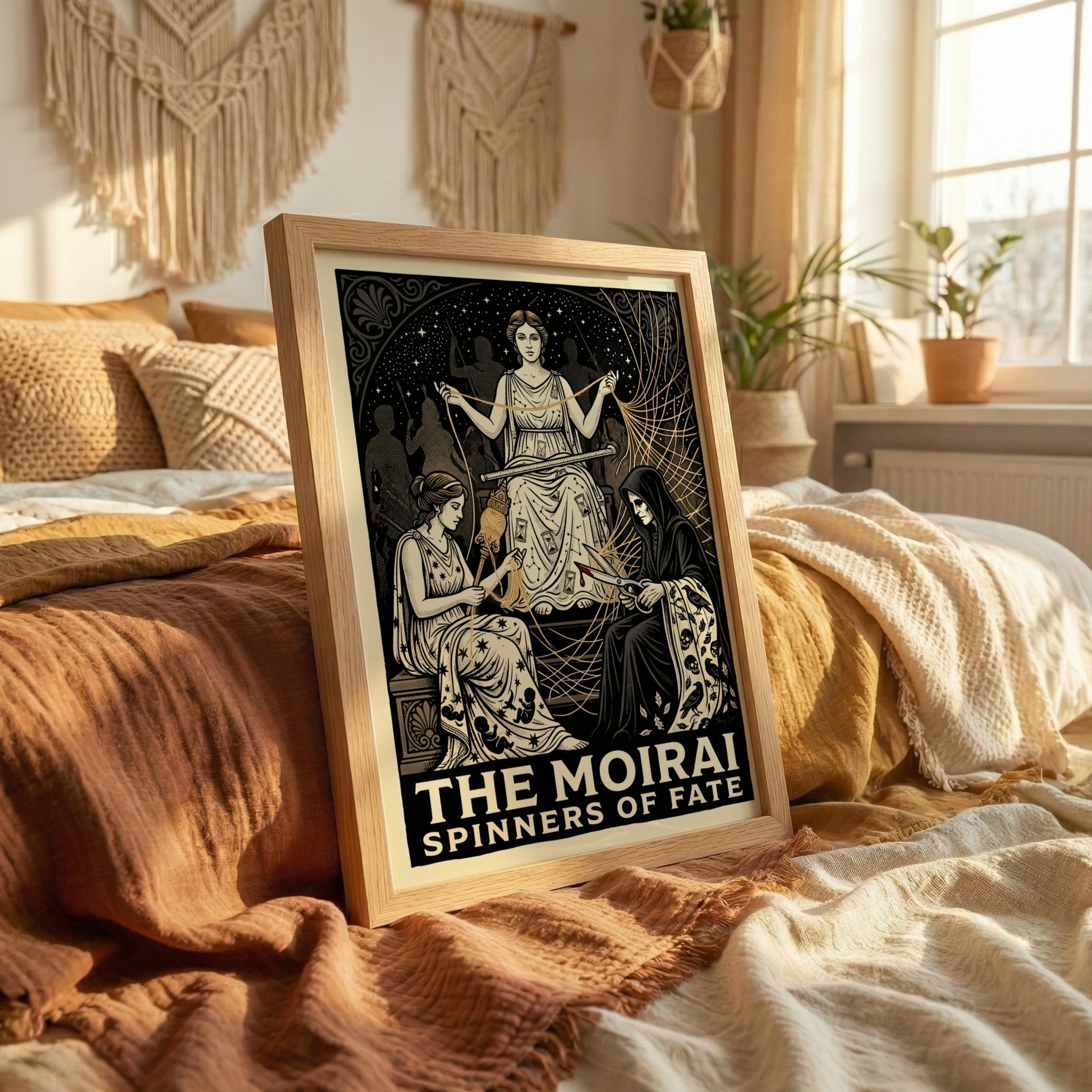 The Moirai poster depicting the three Fates spinning, measuring, and cutting the thread of life in a dramatic