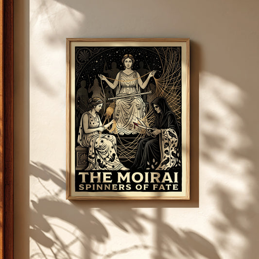 The Moirai poster depicting the three Fates spinning, measuring, and cutting the thread of life in a dramatic