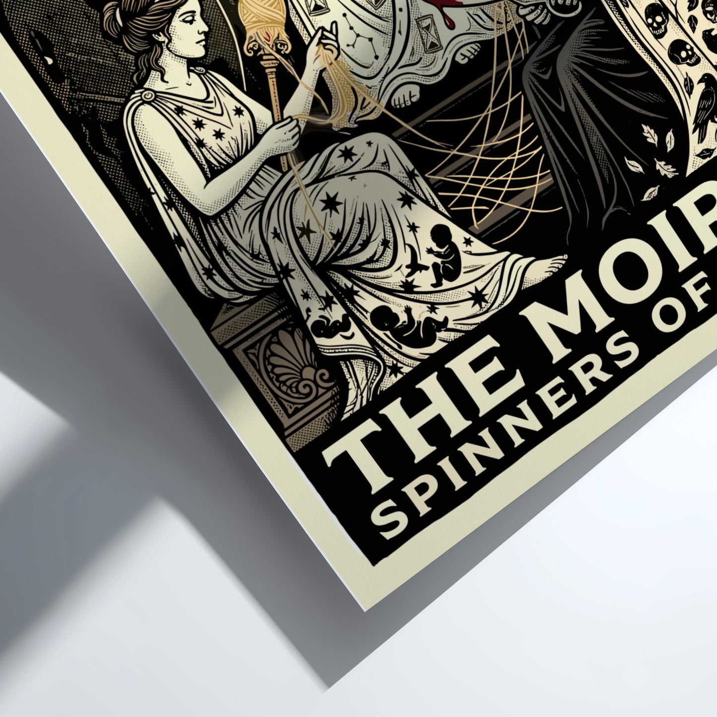 The Moirai poster depicting the three Fates spinning, measuring, and cutting the thread of life in a dramatic